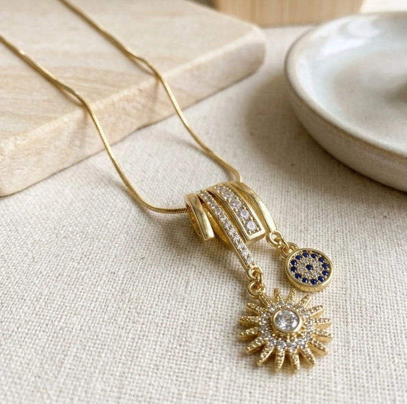 Evil Eye & Sunburst Charm Necklace | Anti-Tarnish Gold Plated Snake Chain