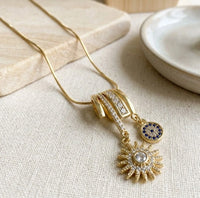 Evil Eye & Sunburst Charm Necklace | Anti-Tarnish Gold Plated Snake Chain