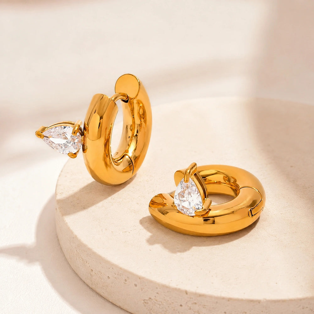 Chunky Hoop Stone Earrings | Anti-Tarnish Gold Plated | Minimalist Everyday Wear