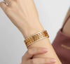 Greek Key Pattern Gold Plated Bangle - Anti-Tarnish Crystal Studded Geometric Cuff Bracelet