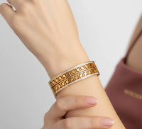 Greek Key Pattern Gold Plated Bangle - Anti-Tarnish Crystal Studded Geometric Cuff Bracelet