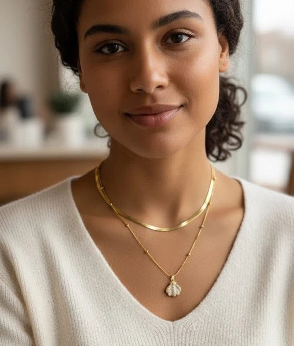 Pink Shell Pendant Double Layer Necklace | Anti-Tarnish Gold Plated Snake Chain