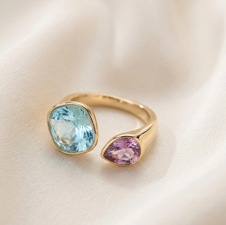 Toi et Moi Teal & Purple Dual Stone Gold Ring