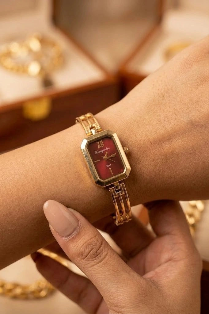 Vintage Maroon Dial Anti-Tarnish Gold Plated Watch for Women