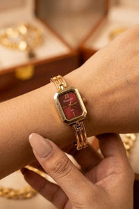 Vintage Maroon Dial Anti-Tarnish Gold Plated Watch for Women