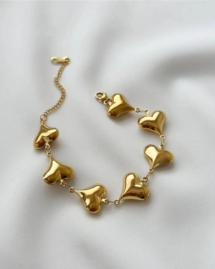 Anti-Tarnish Gold Plated Puffy Heart Link Bracelet - Korean Style