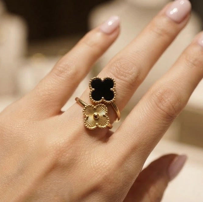 Black Double Clover Adjustable Ring - Anti Tarnish Gold Plated
