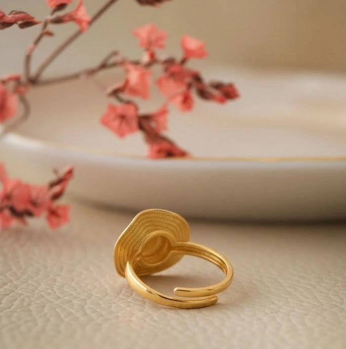 Sunburst Textured Gold Plated Statement Ring - Anti-Tarnish Abstract Wave Design for Women