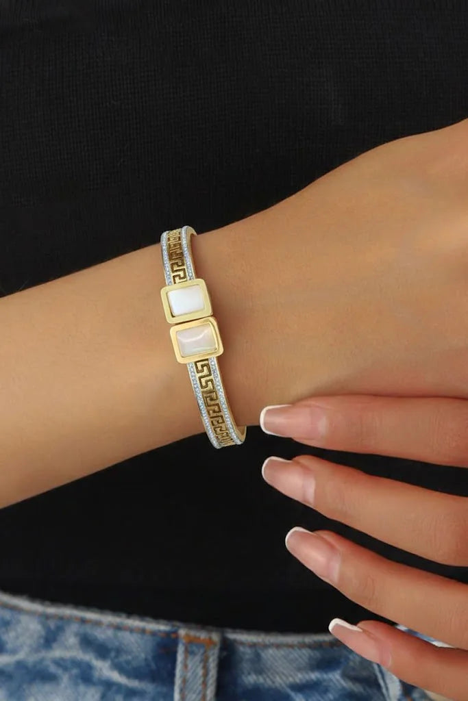 Greek Key Opal Stone Bangle - Anti-Tarnish Gold Plated Bracelet for Women
