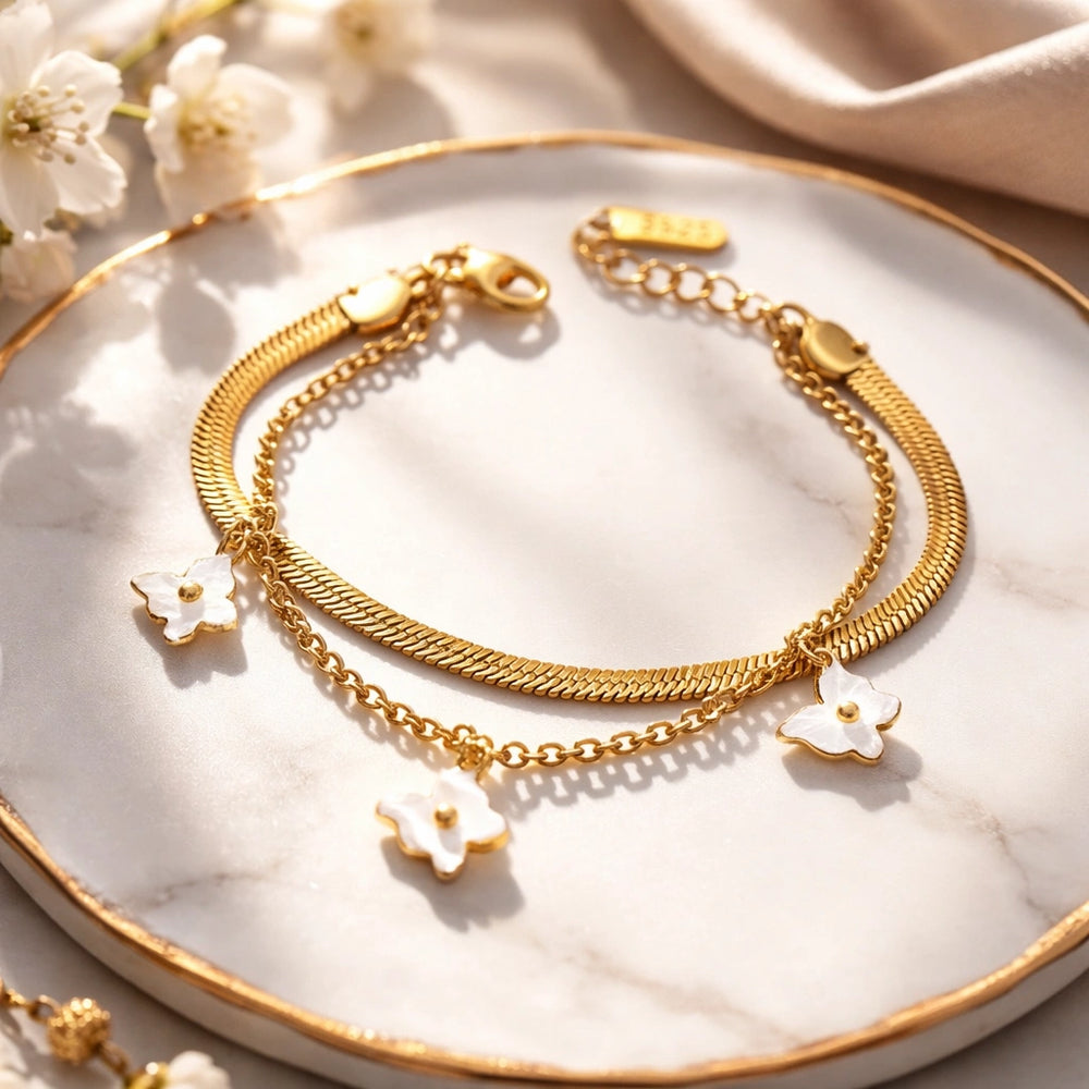 Korean White Floral Double Layer Bracelet | Anti-Tarnish Gold-Plated