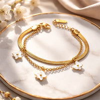 Korean White Floral Double Layer Bracelet | Anti-Tarnish Gold-Plated