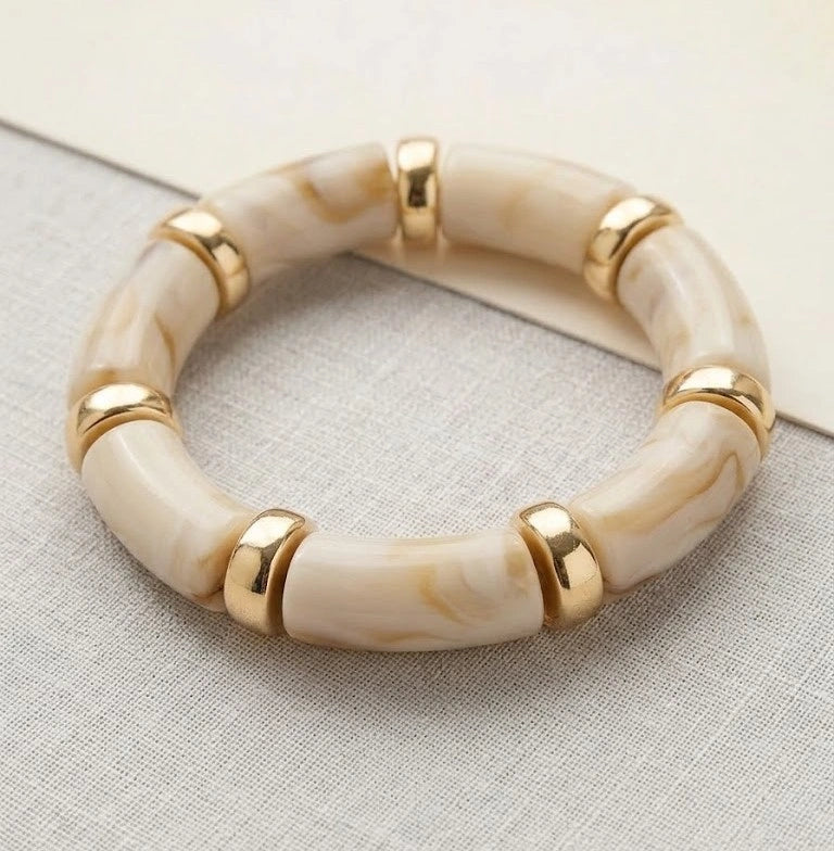 Beige Marble Effect Chunky Beaded Bracelet with Gold-Tone Accents