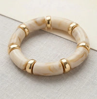 Beige Marble Effect Chunky Beaded Bracelet with Gold-Tone Accents