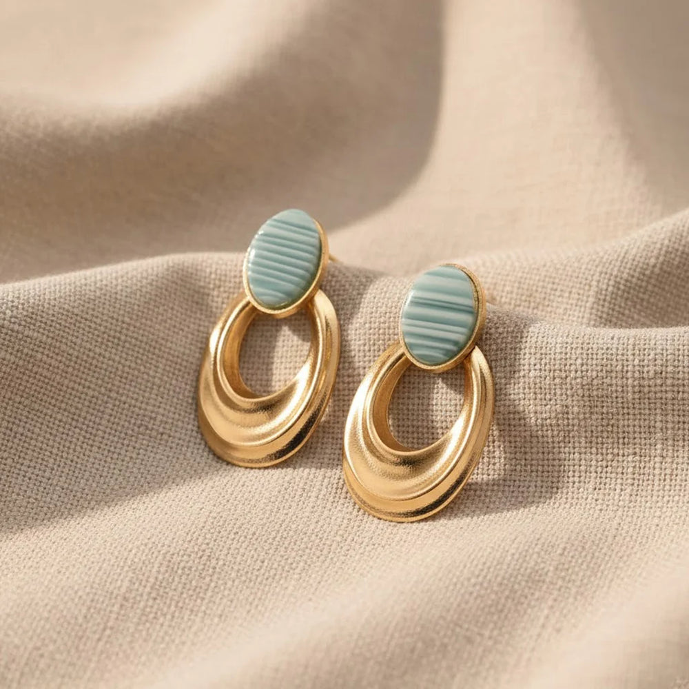 Teal Striped Geometric Drop Earrings – Korean Style Gold Tone Fashion Jewelry