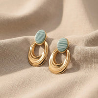 Teal Striped Geometric Drop Earrings – Korean Style Gold Tone Fashion Jewelry