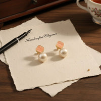 Korean Style Geometric Pearl Drop Earrings – Peach Resin & Gold-Tone Fashion Jewellery for Women