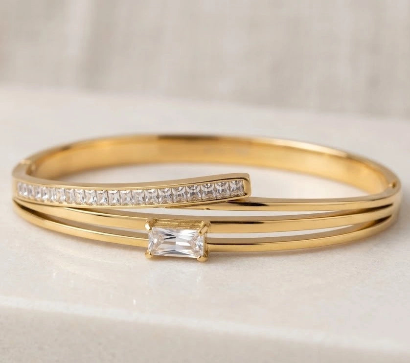 Layered Baguette Crystal Cuff Bracelet - Anti Tarnish Fashion Jewelry