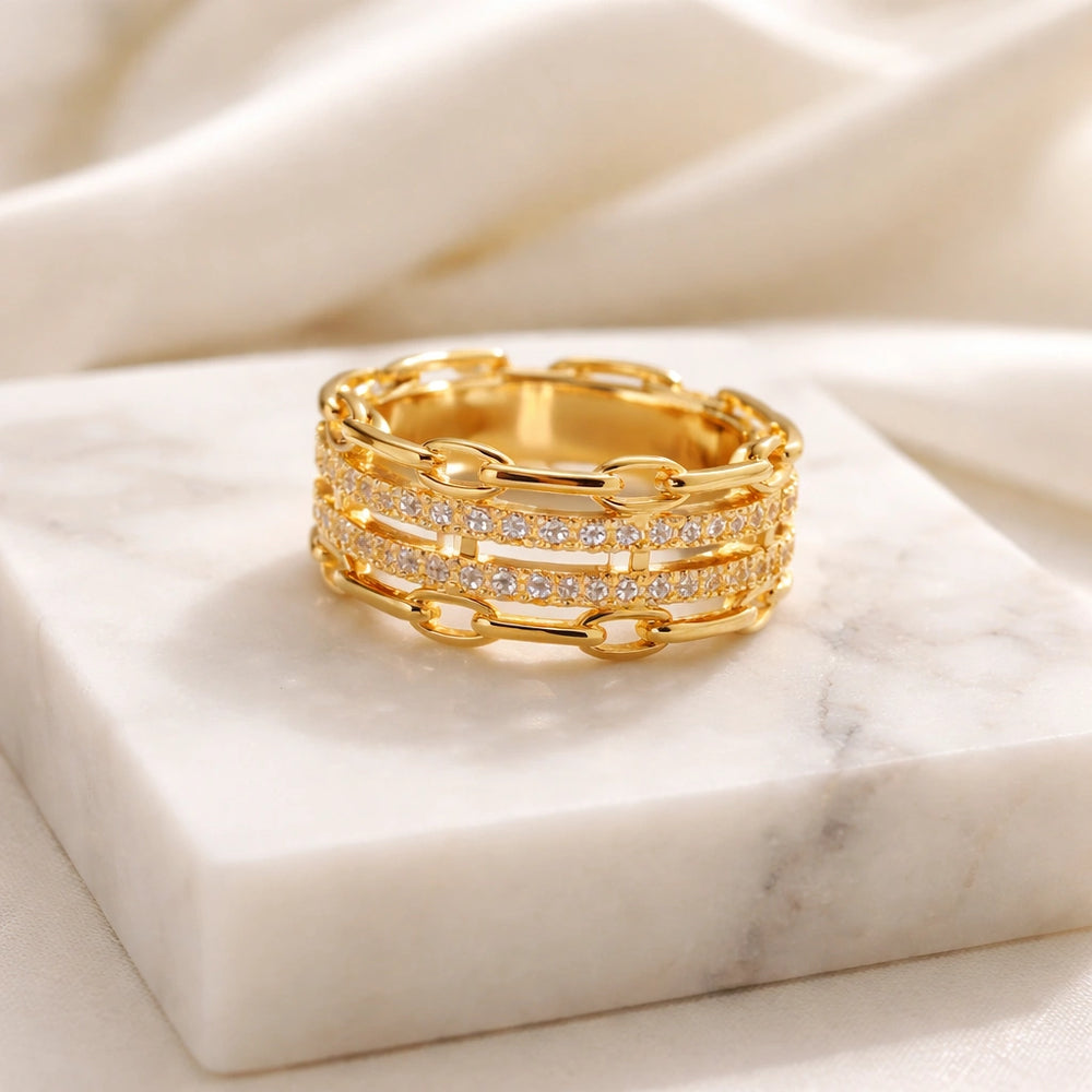 Layered Chain Link Pave Ring - High Quality Gold Fashion Jewelry