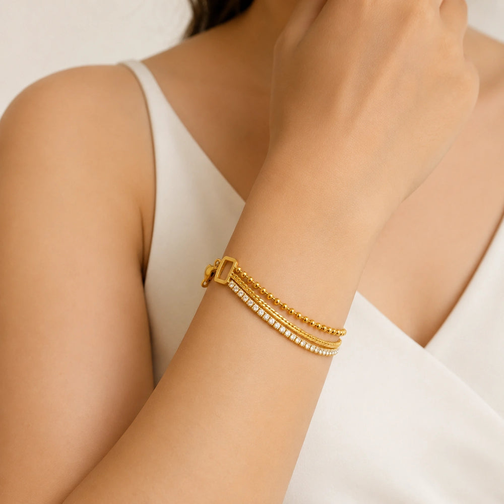 Geometric Triple Layer Rhinestone Gold Plated Bracelet