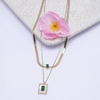 Emerald Green Stone Layered Necklace - Anti-Tarnish Gold Plated Herringbone Chain for Women