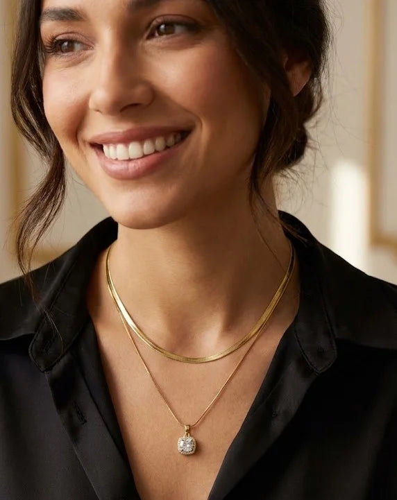 Double Layer Snake Chain & Square Crystal Pendant Necklace - Anti-Tarnish Gold Plated