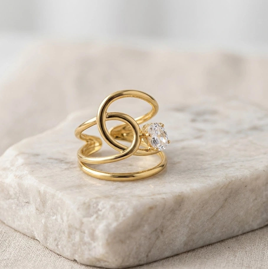 Swirl Design Anti-Tarnish Gold Plated Ring with CZ Stone