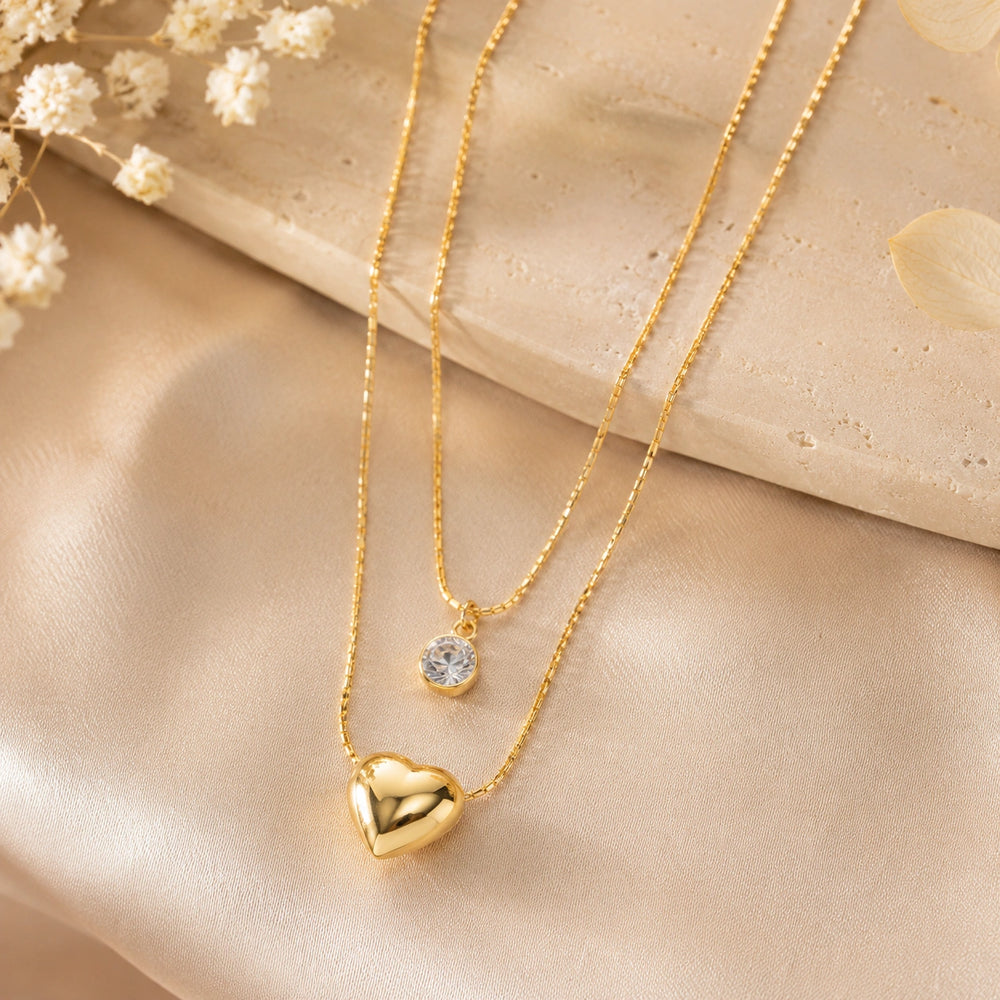 Layered Heart & Crystal Pendant Necklace - Anti Tarnish Gold Plated