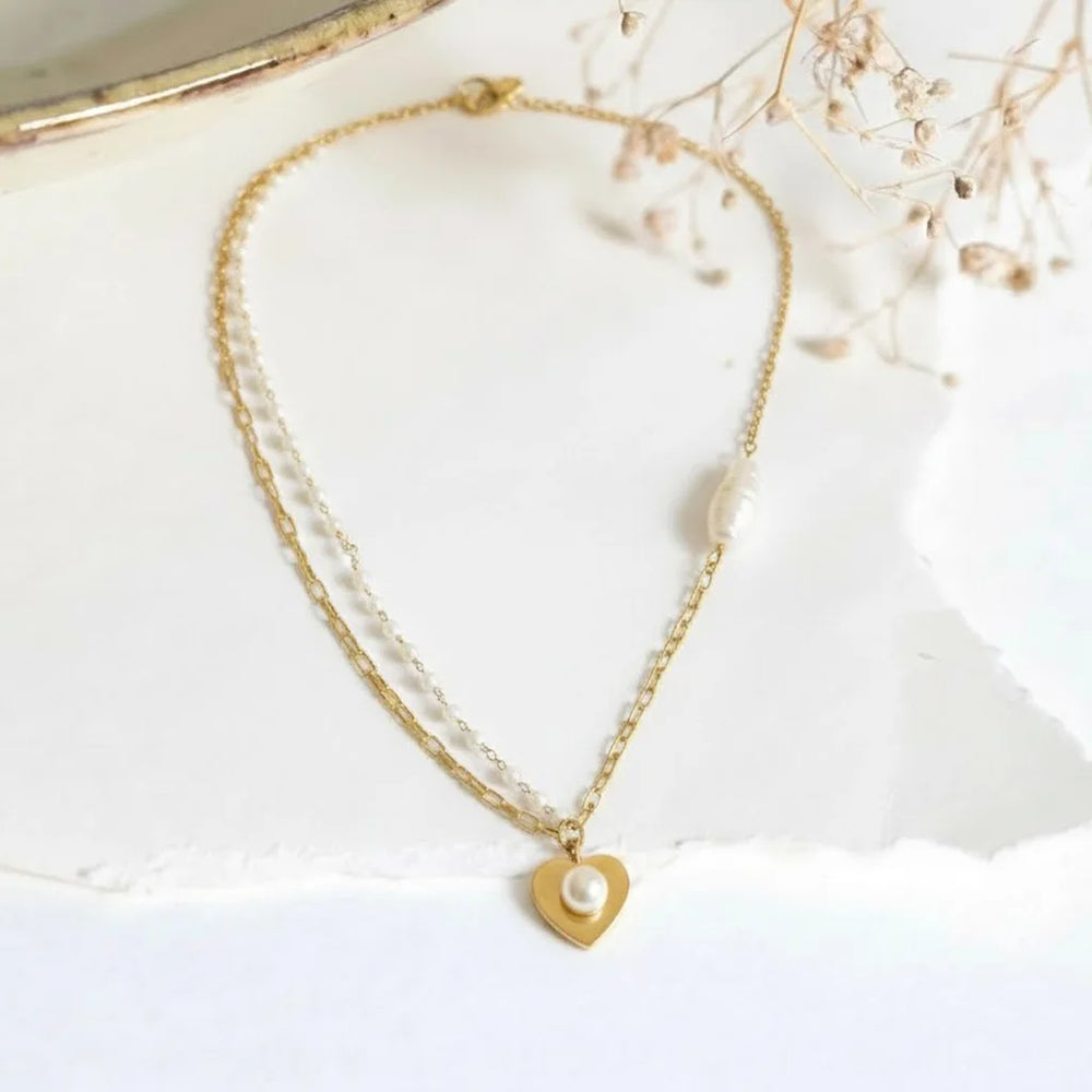 Layered Pearl Heart Anti-Tarnish Gold Plated Necklace - Korean Style