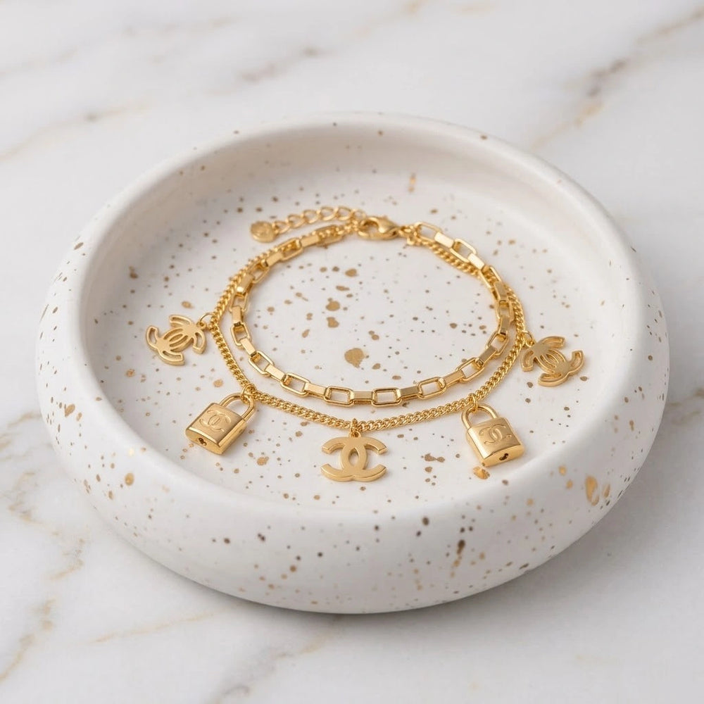 Layered Lock Charm Bracelet - Anti-Tarnish Gold Plated