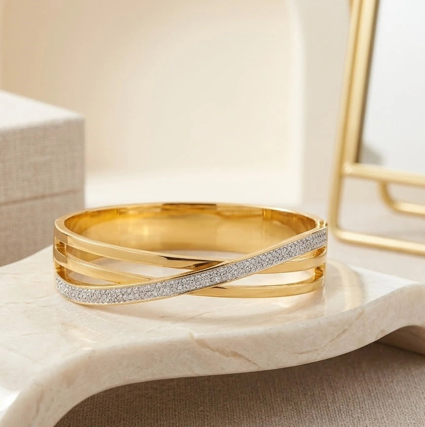 Crossover Crystal Studded Bracelet - Anti-Tarnish Gold-Plated