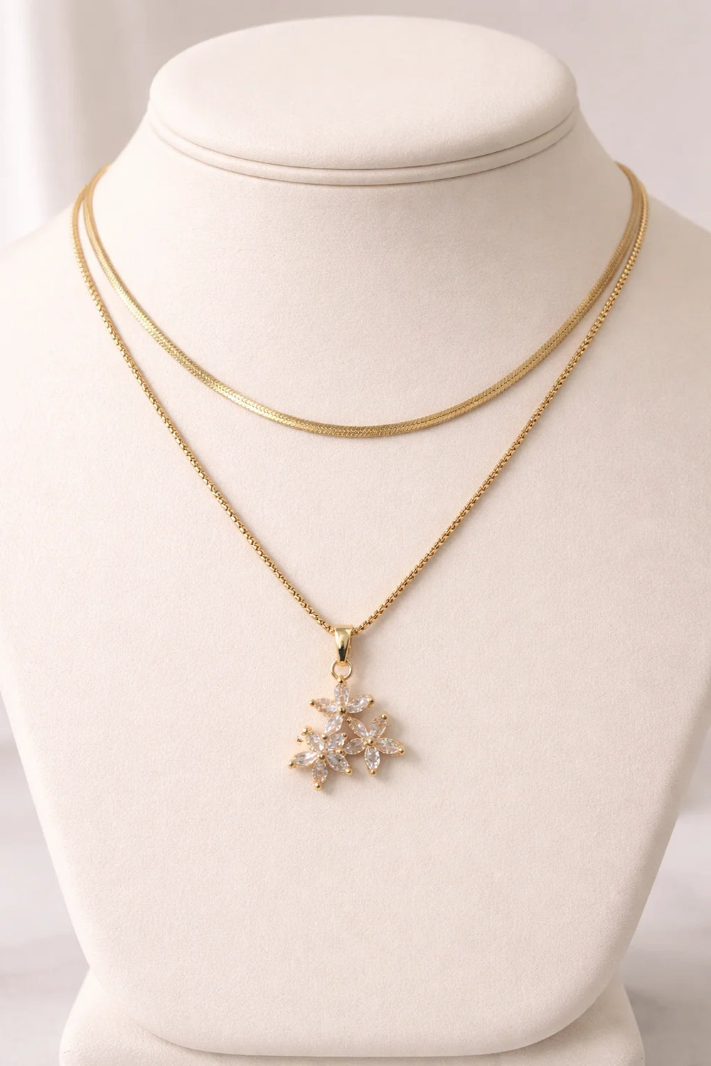 Double Layer Crystal Flower Necklace - Anti-Tarnish Gold Plated Snake Chain with Floral Pendant