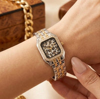 Vintage Two-Tone Animal Print Watch with Rhinestone Bezel - Anti-Tarnish Gold Plated