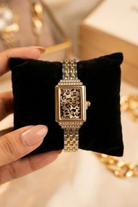 Leopard Print Rectangular Dial Analog Watch - Gold Plated Anti-Tarnish Jewelry Watch