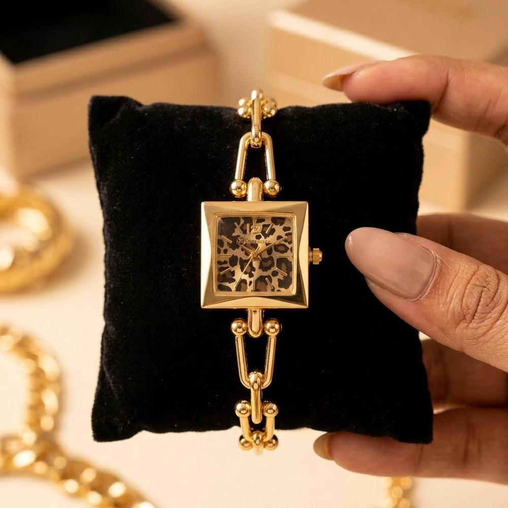 Leopard Print Square Dial Chain Watch - Anti-Tarnish Gold Plated