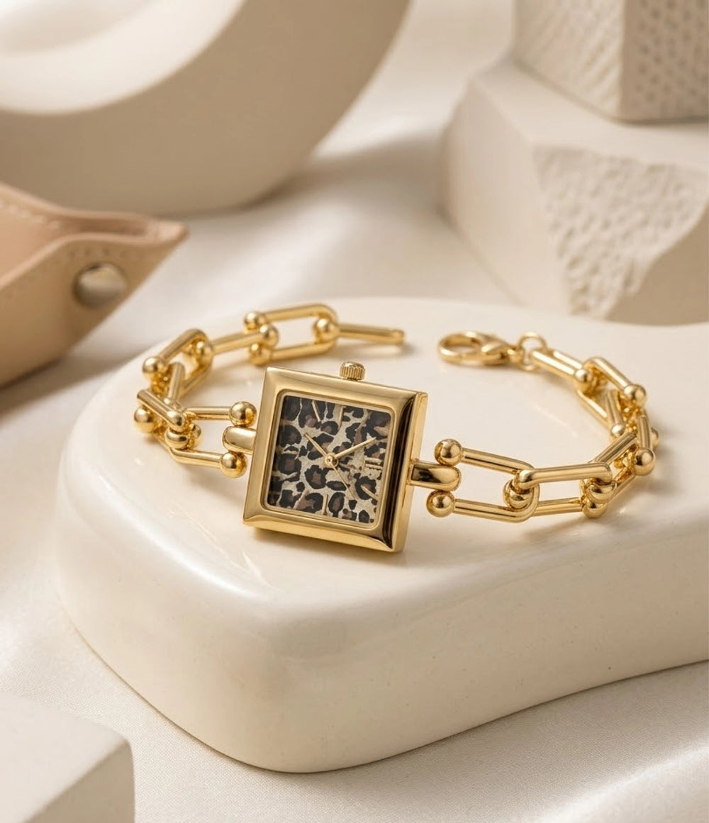 Leopard Print Square Dial Chain Watch - Anti-Tarnish Gold Plated