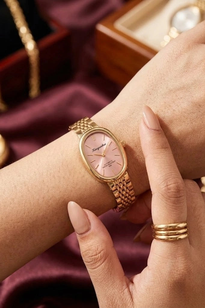 Vintage Oval Pink Dial Watch | Anti-Tarnish Gold Plated Waterproof Timepiece
