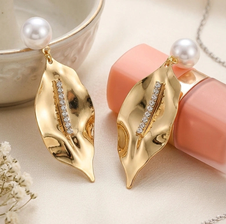 Pearl Drop Textured Leaf Gold Plated Earrings - Anti Tarnish