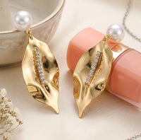 Pearl Drop Textured Leaf Gold Plated Earrings - Anti Tarnish