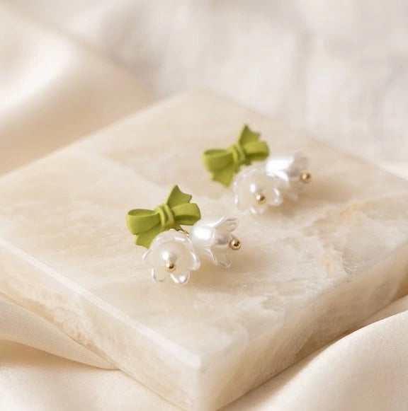 Coquette Green Bow & Lily of the Valley Floral Earrings