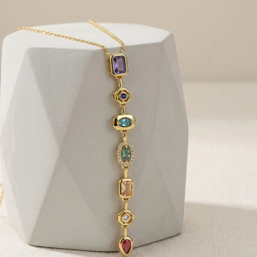 Multi-Stone Linear Drop Necklace | Anti-Tarnish Gold Plated | Moncheri Jewels