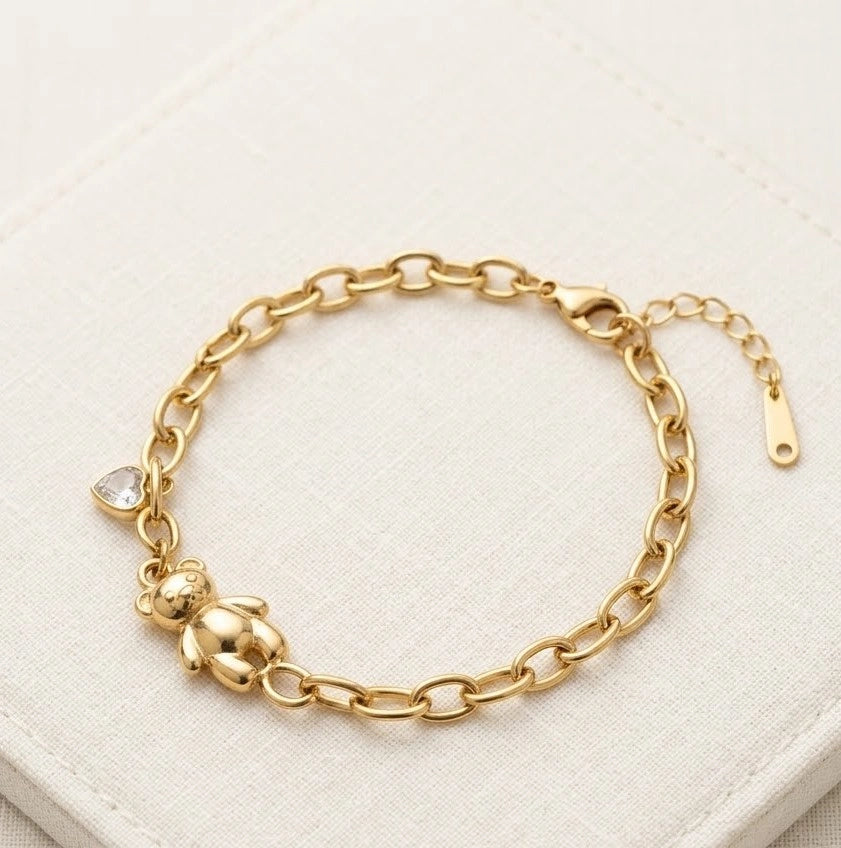 Teddy Bear & Heart Charm Bracelet | Anti-Tarnish Gold-Plated