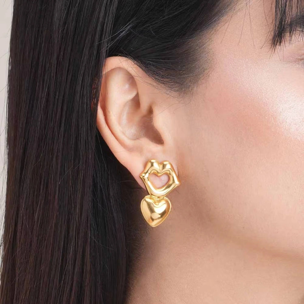 Lips & Heart Dangle Earrings | Anti-Tarnish Gold Plated Statement Jewelry