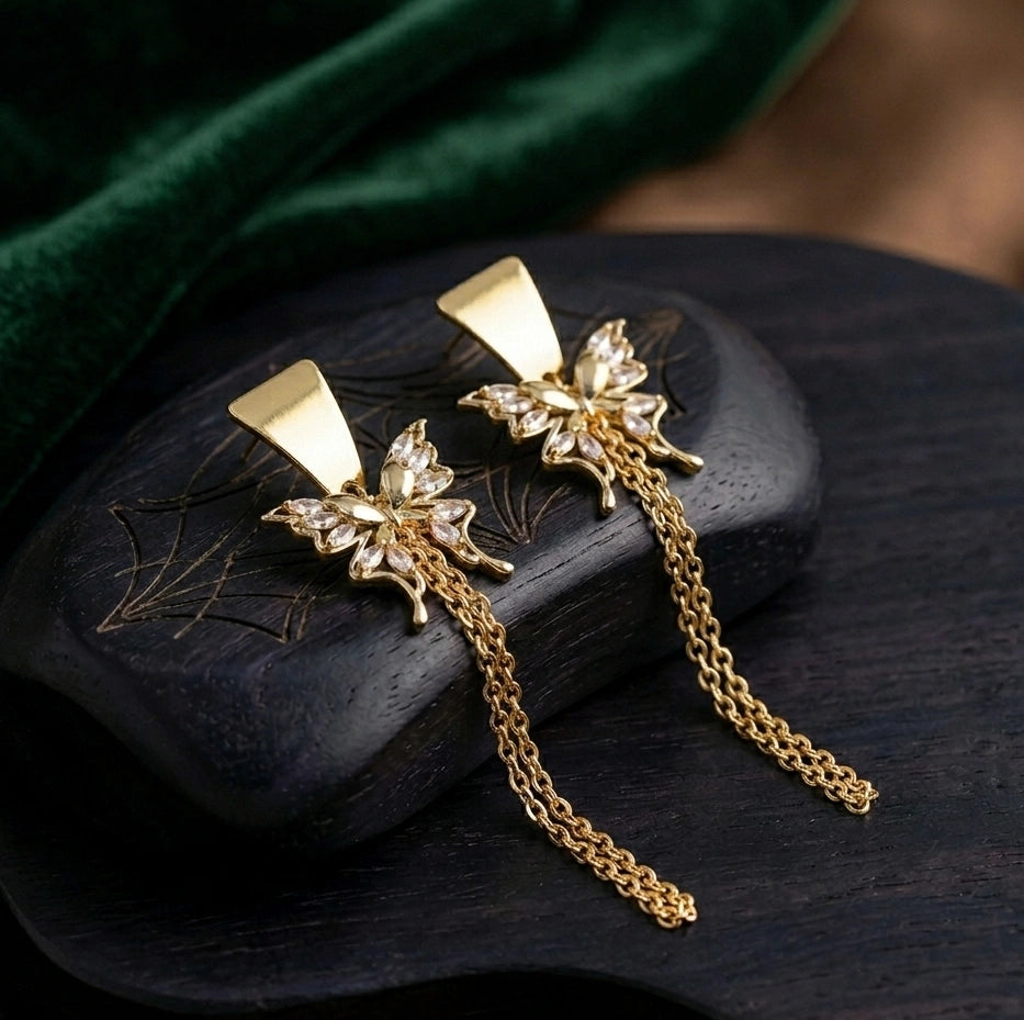 Anti-Tarnish Gold Plated Crystal Butterfly Tassel Earrings