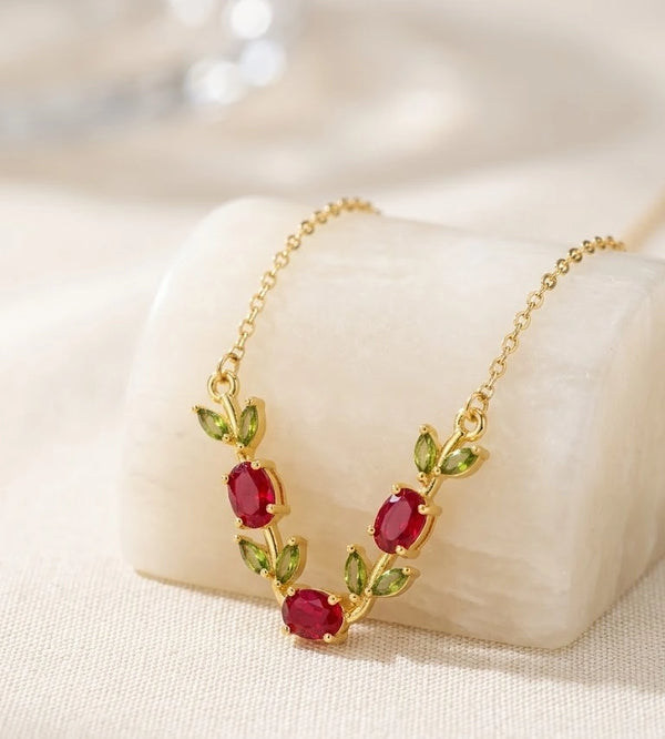 Tulip Floral Red & Green Stone Anti-Tarnish Necklace