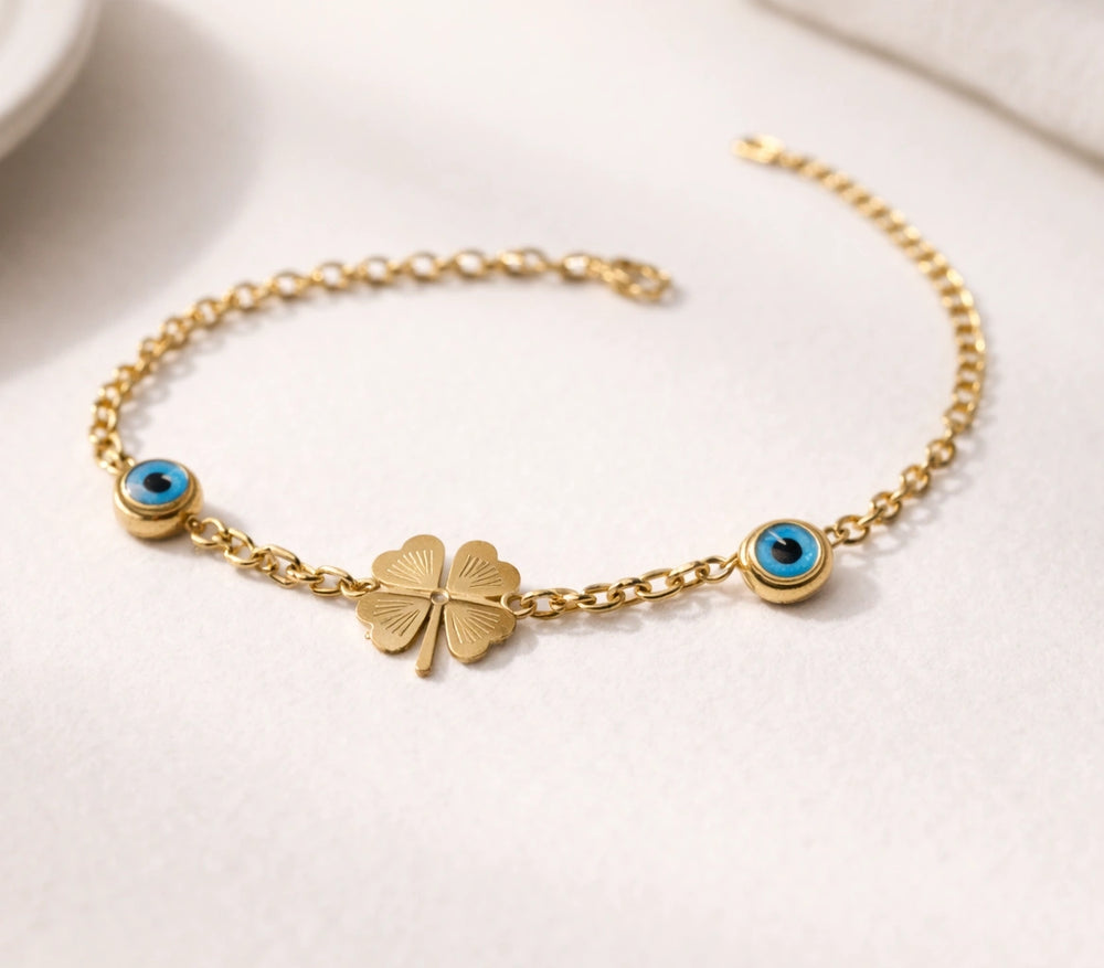 Four Leaf Clover & Evil Eye Charm Bracelet - Anti Tarnish Gold Plated