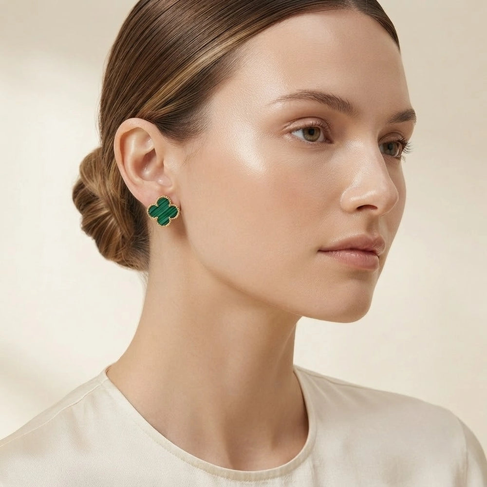 Green Clover Stud Earrings | Anti Tarnish Gold Plated