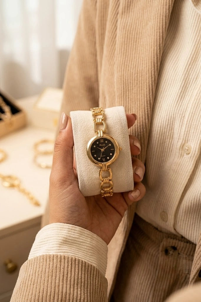 Premium Black Dial Anti-Tarnish Gold Plated Chain Watch for Women