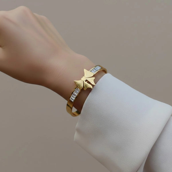 Gold Plated Bow Bangle with Baguette Crystals | Anti-Tarnish Korean Cuff Bracelet
