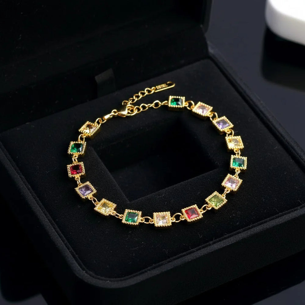 Multicolor Square Crystal Bracelet - 18K Gold Plated Anti Tarnish Stainless Steel | Korean Style Fashion Jewelry