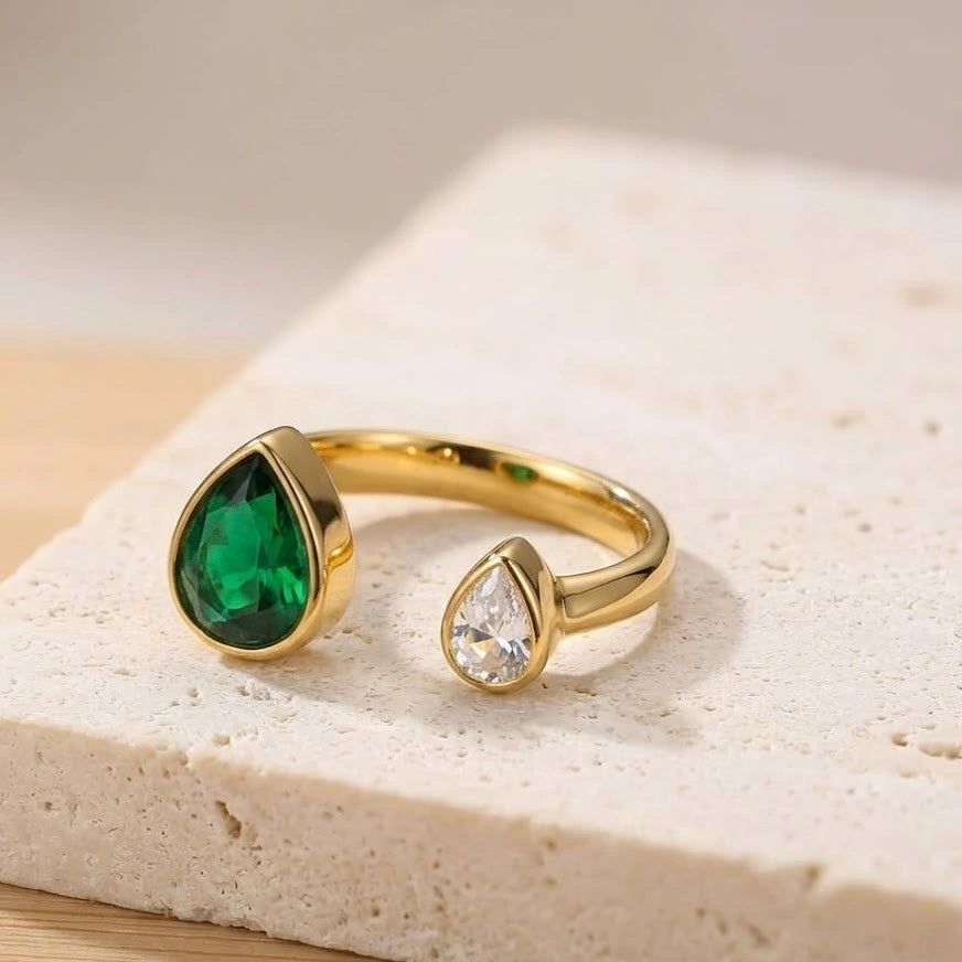 Emerald Pear & Diamond Drop Open Ring - Elegant Two-Stone Fashion Ring
